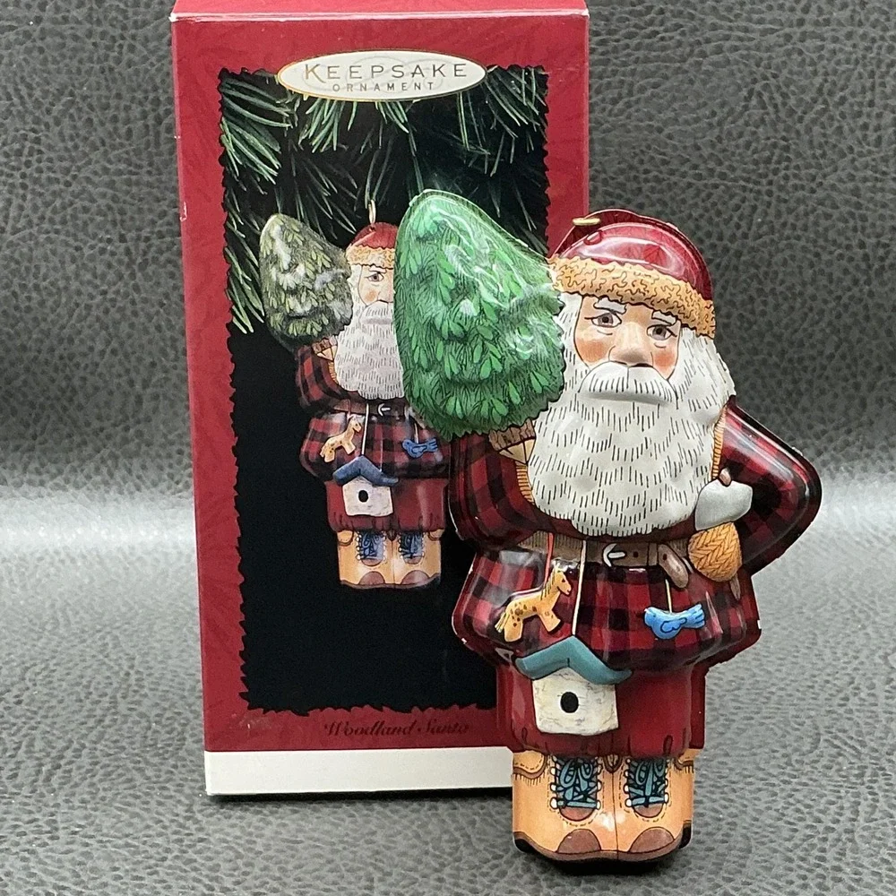 Vintage 1996 Hallmark Keepsake Woodland Santa Pressed Tin Ornament W Box